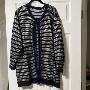 KASPER Black and White Patterned Cardigan with Blue Accents